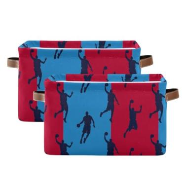 Imagem de Cestas de armazenamento grandes para prateleiras – Recipientes de armazenamento de lona dobráveis com alças de couro PU para armário, poses de jogadores de basquete de berçário, pacote com 2