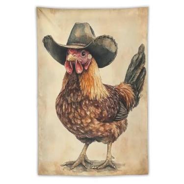 Imagem de Tapeçaria de parede galo em chapéu de cowboy decoração de animais de fazenda peculiar fundo bege arte rústica para sala de estar quarto aconchegante estilo country decoração de pendurar decoração