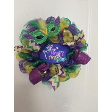 Imagem de Guirlanda de carnaval para porta da frente com máscara e sinal, grinalda de fita de malha dourada verde roxa com glitter, decoração de porta de festa de carnaval, decoração de carnaval feliz para