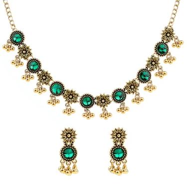 Imagem de HIKIMA Conjunto de joias indianas vintage boêmia oxidadas com colar e brincos pendentes Jhumka para mulheres, roupas tradicionais indianas de casamento, noivas e convidadas, férias, formatura, étnica