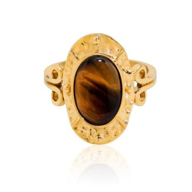 Imagem de Dikixe Boho Vintage Banhado a Ouro Aço Inoxidável Anel de Declaração Olho de Tigre, Design Aberto Ajustável Anel de Festa de Coquetel para Mulheres