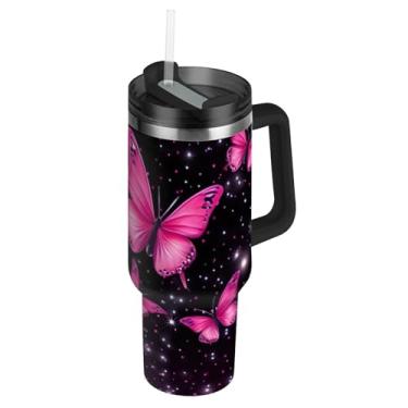 Imagem de Copo de 1,134 g com alça copos de aço inoxidável com tampas e canudos, garrafa de água térmica térmica, xícaras de café quente para carro, borboleta, floral, rosa