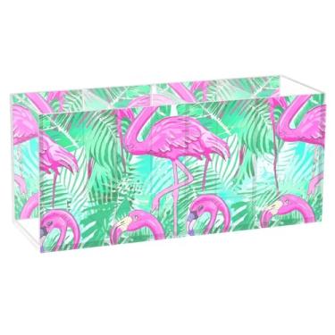 Imagem de TSENQUE Porta-canetas de mesa fofas flamingo rosa verde folhas de palmeira arte floral artesanato organizador acrílico papelário copos lápis