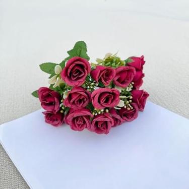 Imagem de Mini buquê de rosas artificiais - flores falsas realistas para decoração de sala de estar, pequeno arranjo floral portátil (vermelho)