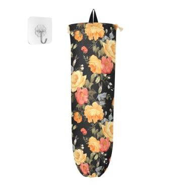 Imagem de Porta-sacos plásticos de rosa laranja e flor rosa, suporte de sacola de supermercado para cozinha, suporte de parede