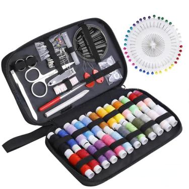 Imagem de 130 peças de sacos de costura, kit de agulha e linha de marcoon com suprimentos de costura e acessórios para adultos, iniciantes, casa, viagem, emergência, incluindo tesoura, fita métrica, passador de