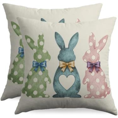 Imagem de Conjunto de 2 capas de almofada de coelhinho da Páscoa, 45,7 x 45,7 cm, verde, azul, rosa, coelho, laço, primavera, férias, fronhas decorativas para uso ao ar livre, sazonal, casa de fazenda, capas de
