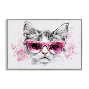 Imagem de Stupell Industries Gato legal com óculos de sol arte giclée emoldurada cinza, design por LSR Creative Studio, 76 x 50