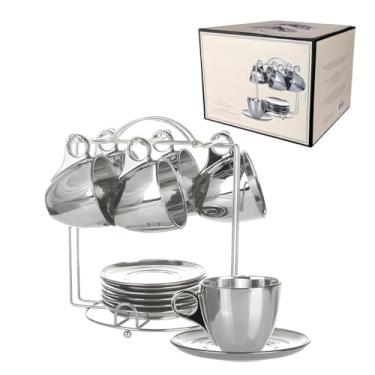 Imagem de Jogo 6 Xicaras Para Café Chá De Vidro Com Pires E Suporte 170ml(Prata)