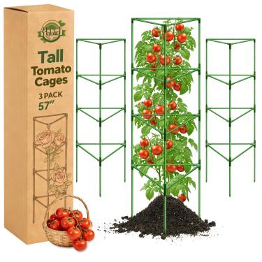 Imagem de Halatool Gaiolas de tomate de 143 cm de altura - pacote com 3 estacas grandes para plantas trepadeiras, treliça de tomate de metal dobrável ajustável para jardim elevado ao ar livre, vegetais, flores