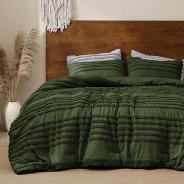 Imagem de BEDELITE Conjunto de cama Boho Twin/Twin GG, verde oliva tufado listrado, 2 peças, edredom macio vintage para faculdade, decoração de dormitório de casa, cama de jacquard fofo com 1 fronha