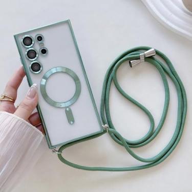 Imagem de Capa transparente com cordão para Samsung S24 S23 S22 S21 Ultra Plus, capa magnética com cordão para carregamento sem fio, verde claro, para S22 Ultra
