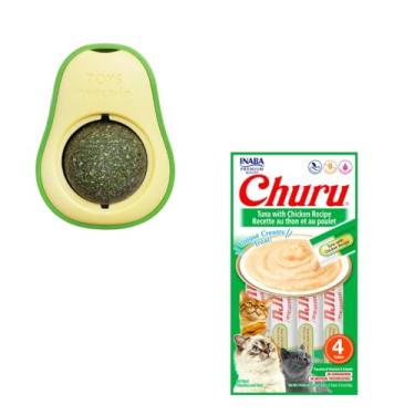 Imagem de Kit Brinquedo Catnip Abacate + 4 Tubos Petiscos Gatos Diversão Relaxamento Felino (Pequeno, Atum e Frango)