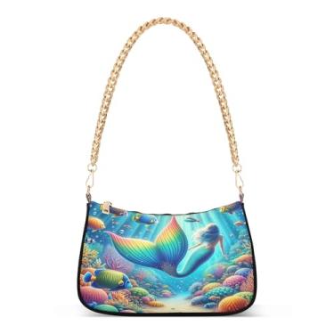 Imagem de Bolsa de ombro com corrente de ombro com estampa de sereia, bolsa feminina Hobo com estampa de sereia, bolsa clutch moderna para uso diário e festa