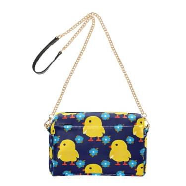 Imagem de Joitme Bolsa tiracolo feminina amarela com flores azuis azul-marinho bolsa para celular bolsa de ombro de couro PU com alça de corrente