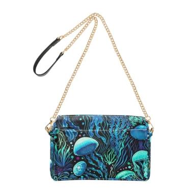Imagem de Joitme Bolsas transversais femininas para celular com alça de corrente de couro PU bolsa de ombro estética azul água-viva pontos coloridos