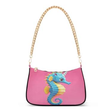 Imagem de Linda bolsa de ombro de unicórnio azul rosa com corrente de cavalo-marinho, bolsa de mão média moderna, bolsa Hobo feminina clutch para uso diário e festa