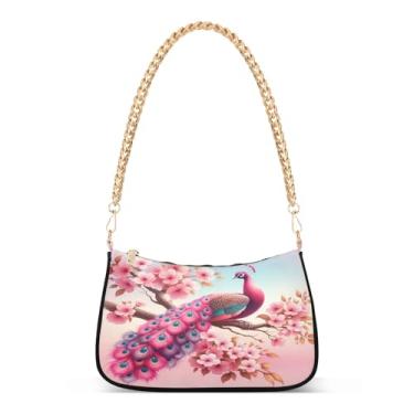 Imagem de Bolsa de ombro com corrente de arte animal pavão rosa, bolsa feminina Hobo, bolsa elegante para noite ou festa