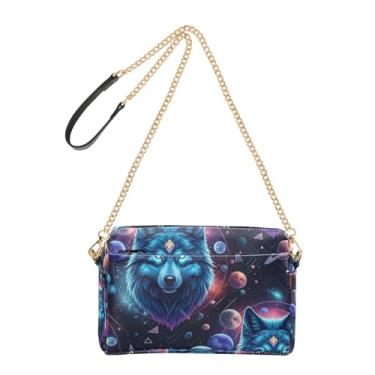 Imagem de Bolsa tiracolo feminina bolsa para celular fofa mística lobos azuis planetas corrente alça de couro PU bolsa de ombro