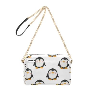 Imagem de Joitme Bolsa de ombro feminina transversal para celular bolsa de ombro de couro PU com alça de corrente desenho animado pinguins branca