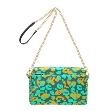 Imagem de Joitme Bolsa tiracolo feminina de leopardo verde-azulado amarelo bolsa de ombro de couro PU com alça de corrente bolsa para celular
