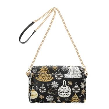 Imagem de Joitme Bolsa tiracolo feminina bolsa para celular aquarela dourada árvore de Natal preta couro PU bolsa de ombro com alça de corrente