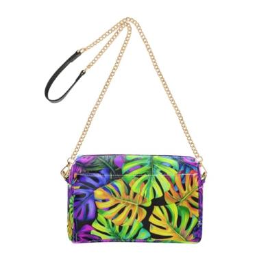 Imagem de Joitme Bolsa feminina colorida com folhas tropicais vívidas bolsa tiracolo alça de corrente couro PU bolsa de ombro bolsa para celular