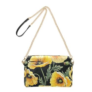 Imagem de Joitme Bolsa tiracolo feminina com desenho de flor amarela preta para celular bolsa de ombro de couro PU com alça de corrente