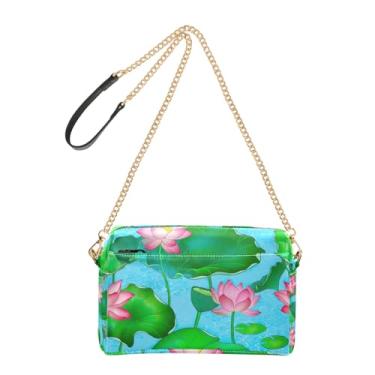 Imagem de Joitme Bolsa de ombro feminina com folhas verdes de lótus rosa vibrante bolsa tiracolo para celular bolsa de ombro de couro PU com alça de corrente