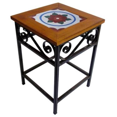 Imagem de Banco Rústico em Ferro e Madeira Maciça com Ladrilho Hidráulico – Banco Artesanal Decorativo Estilo Industrial para Cozinha, Sala e Área Gourmet (4, F1)