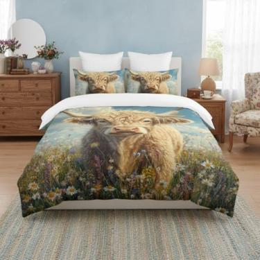 Imagem de CCoutueChen Conjunto de edredom solteiro de vaca Highland para crianças, fazenda, campo, macio, 2 peças, conjunto de colcha de microfibra quente com 1 fronha/68 x 86
