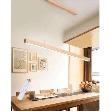 Imagem de Luminária pendente LED moderna com intensidade regulável, controle remoto e altura ajustável, feita de madeira, ideal para sala de jantar, escritório, sala de estudos e bar (cor original da