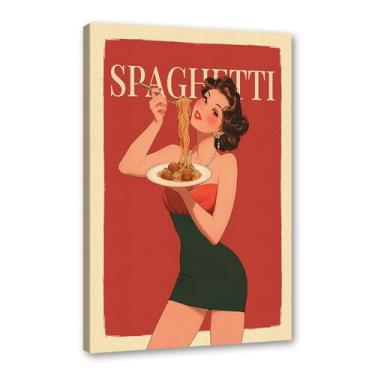 Imagem de Pôster Vintage Italian Foods Mulher Comendo Espaguete Pôsteres Ilustração Arte Pintura Impressão Massa Comida Cozinha Decoração de Parede (SKU1,20.3x30.5 cm = (20x30cm), Emoldurado (Tela Embrulhada))