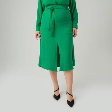 Imagem de Saia susie midi crepe heavy flow bolso feminino - Espaço Modas, Verde,