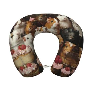 Imagem de XLLingL Travesseiro de viagem com estampa de porquinhos-da-índia e cupcakes para avião, almofadas de pescoço de espuma de memória, travesseiro macio essencial de viagem