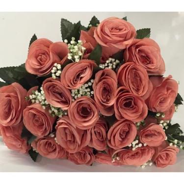 Imagem de Rosa Artificial Decorativa com 24 Flores – Buquê para Arranjos, Festas, Casamento e Decoração de Interiores(Marrom Rosado,Kit com 3)