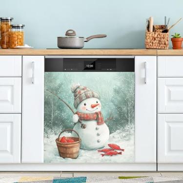 Imagem de xigua Linda capa magnética de boneco de neve de Natal, adesivos magnéticos decorativos antiarranhões para painel de geladeira e lava-louças, decoração personalizada de cozinha doméstica 58 x 66 cm