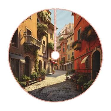 Imagem de Saia de árvore de Natal com estampa de rua italiana, decorações de Natal rústicas, decoração de festa de inverno e ano novo