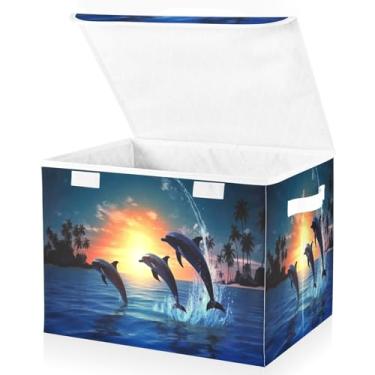 Imagem de Blueangle Cestos de armazenamento de golfinhos saltadores com tampas, 42 x 32 x 30 cm, grande cesta organizadora dobrável para decoração de escritório e armário (591)