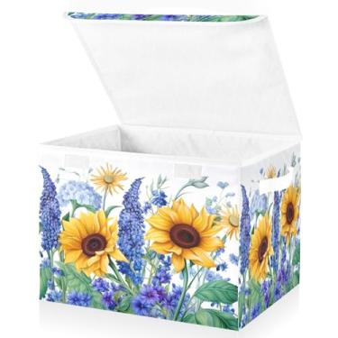 Imagem de Blueangle Cestos de armazenamento de girassóis bluebells com tampas, 42 x 32 x 30 cm, grande cesta organizadora dobrável para decoração de escritório e armário (315)