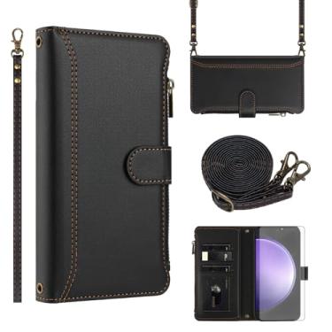 Imagem de Asuwish Capa de telefone para Samsung Galaxy S23 FE 5G capa carteira com protetor de tela de vidro temperado alça transversal de couro flip zíper suporte para cartão de crédito celular S 23 EF S23FE