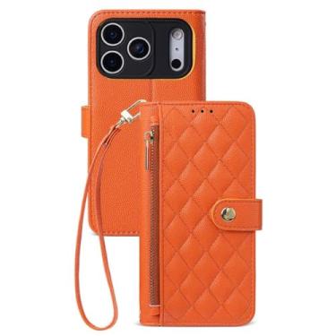 Imagem de Genérico Capa de couro para iPhone 17 Pro Max/17 Pro/Air/17, capa para telemóvel proteção de câmara resistente a quedas capa para mulher carteira com tampa de espelho pequeno com pulseira (laranja, 17