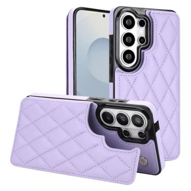 Imagem de Capa carteira para Samsung Galaxy S26 Ultra com compartimentos para cartões e suporte, capa de telefone de couro fina com proteção RFID para homens e mulheres, fecho magnético, à prova de choque (roxa