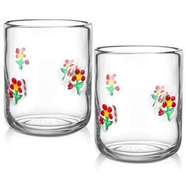 Imagem de Skylety 2 peças de copos de suco com ícone de flor, 400 ml, copos de copo de suco de vinho sem haste, à moda antiga, para mulheres, festas de fim de ano, presentes de aniversário