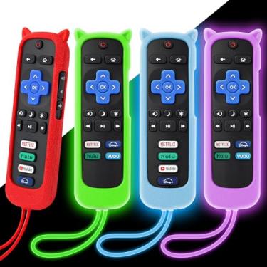 Imagem de Pacote com 4 capas para controle remoto Roku, capa de silicone compatível com TCL Roku TV/Hisense/Streaming Stick/Express, capa protetora antiderrapante à prova de choque que brilha no escuro verde