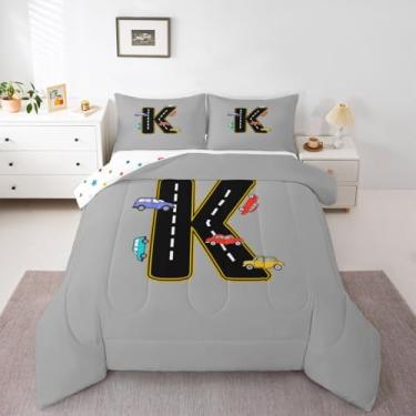 Imagem de jejeloiu Conjunto de edredom de carro de desenho animado para todas as estações, letra K, conjunto de cama com 1 fronha, microfibra para crianças, solteiro, decoração de quarto, edredom respirável