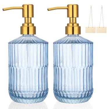 Imagem de Segbeauty Dispensador de sabão para as mãos de vidro de 440 ml, 2 frascos de loção creme vazia azul para banheiro, dispensador de xampu e condicionador recarregável de 450 ml com bomba inoxidável