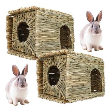 Imagem de JBESUHI Pacote com 2 coelhos de 30 x 21 cm x 20 cm – Cabana dobrável para coelho com tapete de feno, cama escondida para coelhos, porquinhos-da-índia, hamsters e animais pequenos