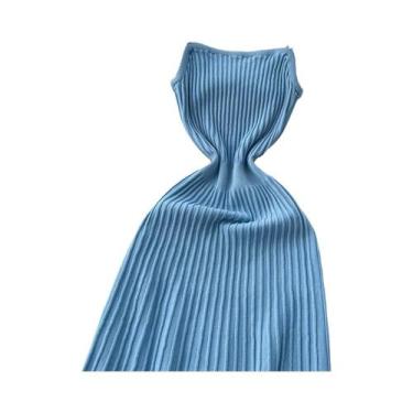 Imagem de Vestido Midi Amarelo De Cintura Alta Sem Mangas Em Tricô Plissado Para