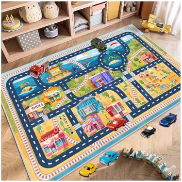 Imagem de Fuzorise Tapete infantil de carro, para sala de jogos, retangular, lavável, antiderrapante, para quarto de meninas e meninos, tapete educacional para crianças, sala de aula.